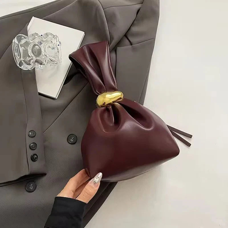 Mini Bolsas de Ombro de Couro PU com Design em Forma de Bolinho, para Mulheres, Modernas, com Nó, Retrô, de Pulso, Bolsas de Mão e Carteiras