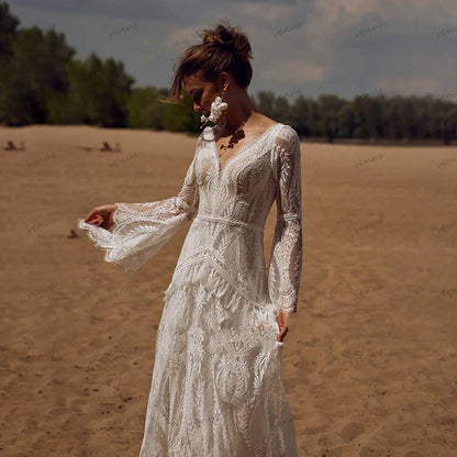Vintage Wedding Dresses For Women 2024 V-Neck Backless Bridal Gowns Flare Sleeves Lace Robe Vestidos De Novia Customized