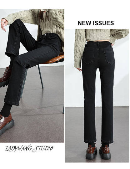 Calça Jeans Feminina Inverno Fleece Quente Reta Slim Elástica Algodão Grosso Quente Denim Moda Roupa Feminina