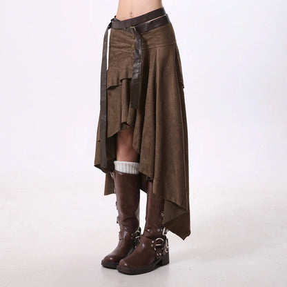 Women Goblin Core Irregular Abi Y2k Midi Skirt Harajuku Japanese 2000s Grunge E-girl Tide Kpop Maillard Cyber Punk Design Goth