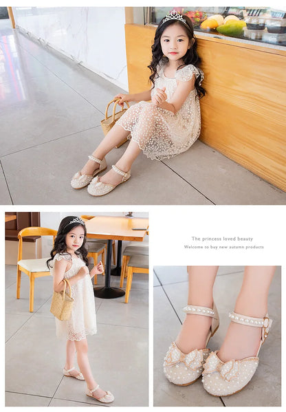 2026 Spring New Girl Sandals Cute Bow Pearl Sequins Kid Princess Shoes Flat Heels children Dancing 21-34
