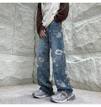 Mens Fashion Printed Jeans 2024 Spring Floral Denim Mopping Trousers Korean Style High Street Loose Hip Hop Wide-leg Jean Pants