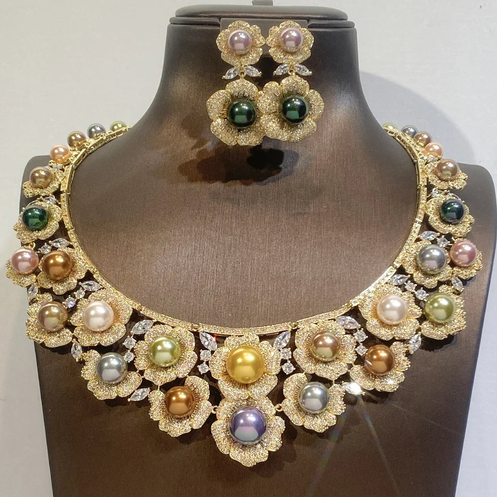High Quality Zircon Pearls Jewelry sets Luxury Designer Flower Necklace Women Sparkling Dubai Bridal Party Costume Accessories