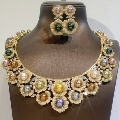 High Quality Zircon Pearls Jewelry sets Luxury Designer Flower Necklace Women Sparkling Dubai Bridal Party Costume Accessories