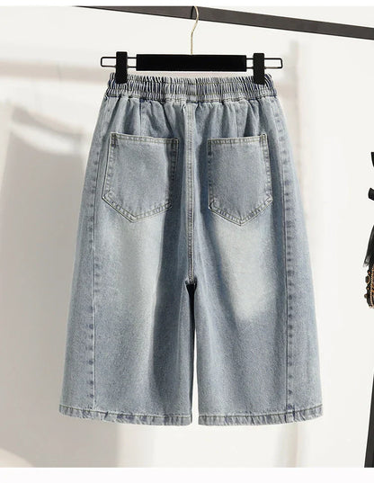 Casual Plus Size Denim Shorts Woman Boyfriend Loose Wide Leg Jeans Short Pants Midi Bermudas Elastic High Waisted Shorts Women