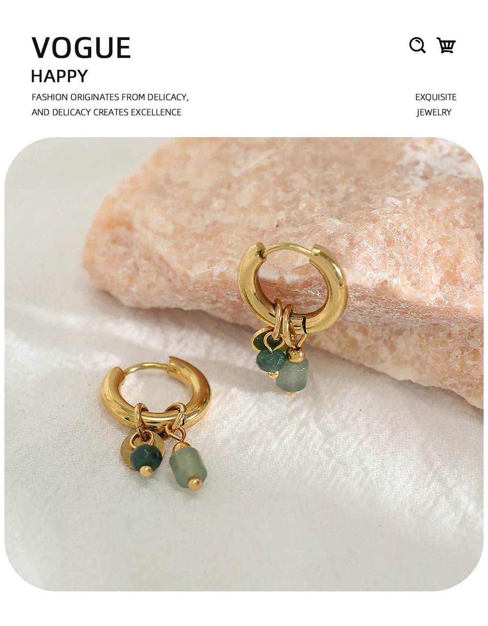 18K Gold Plated Stainless Steel Hoop Earrings for Women Vintage Green Natural Stone Charms Trendy Waterproof Jewelry
