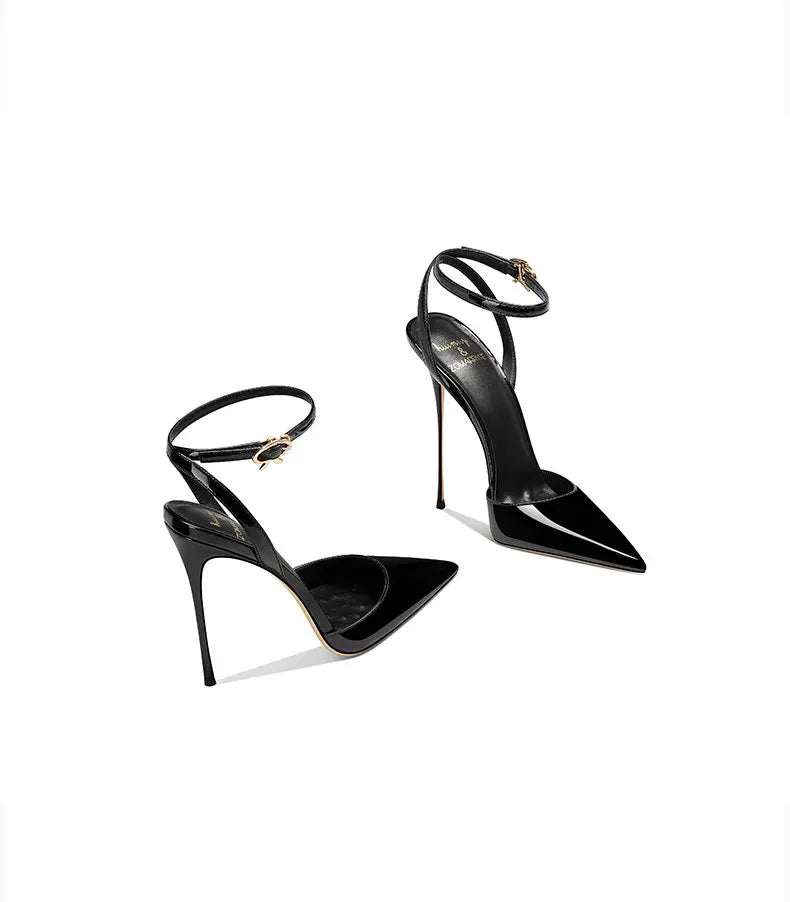Black patent leather high-end, versatile and comfortable high heels, 2026 autumn new style pointed thin heel sandals for women