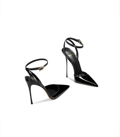 Black patent leather high-end, versatile and comfortable high heels, 2026 autumn new style pointed thin heel sandals for women