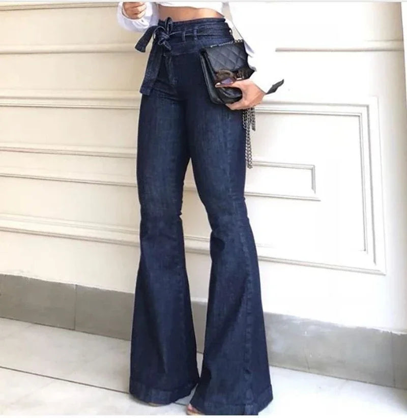 Women Denim Tie Waist Flare Jeans