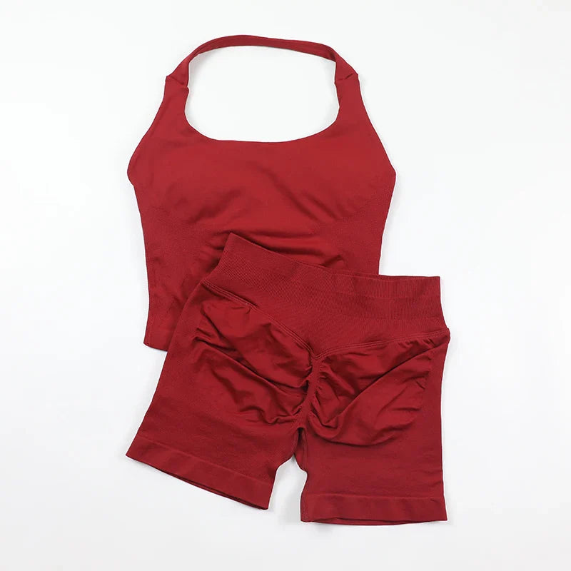 Seamless Yoga Set Womens Backless Halter Tank Top Ribbed Waist Gym Shorts 2 Piece Sets Women Outfit Workout Clothes