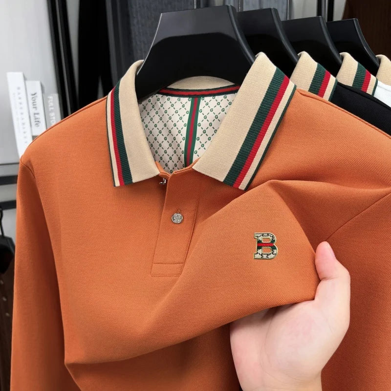 Luxury advanced  brand men long sleeve polo shirt unique stripe color blocked lapel fashion letter embroidery casual new T-shirt