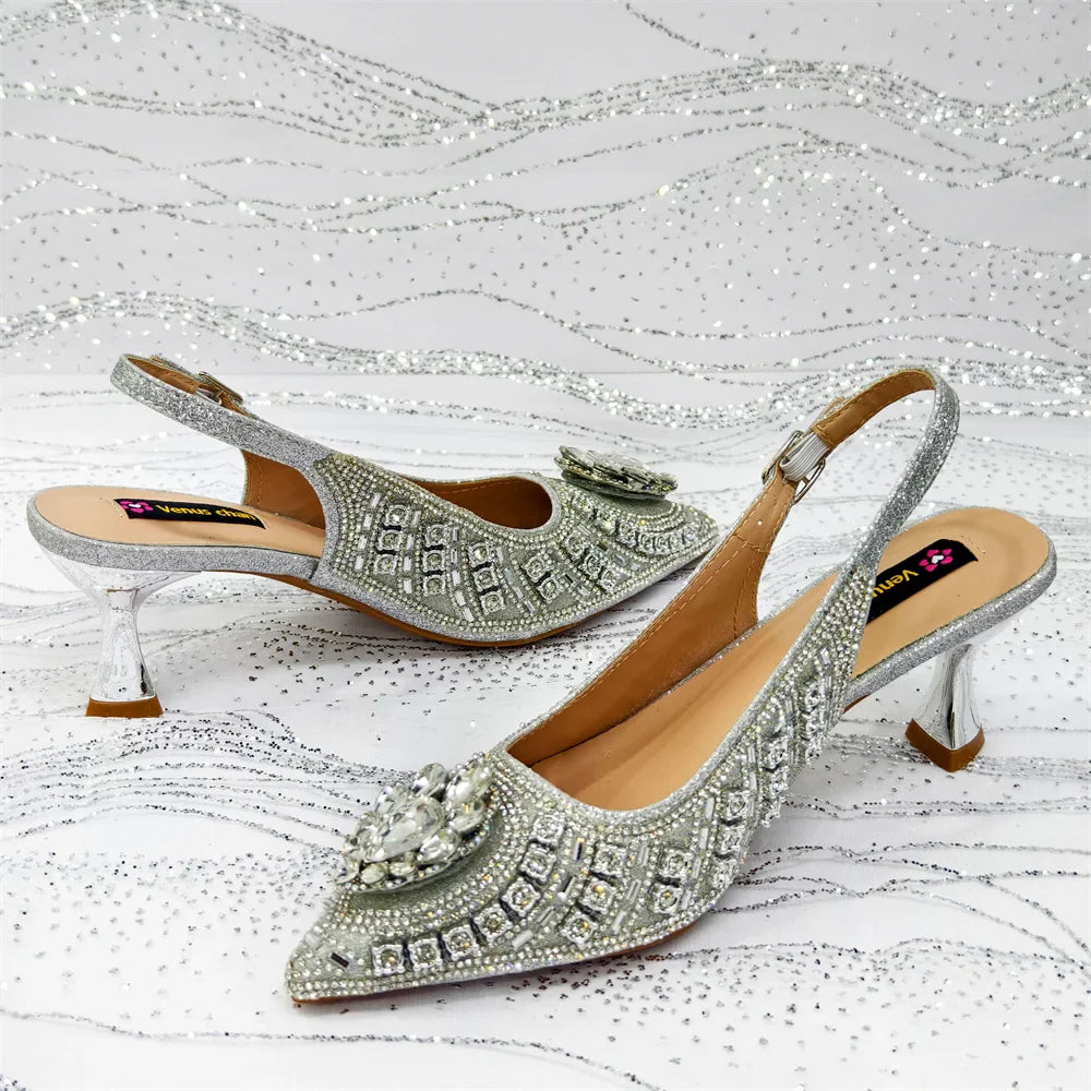 High Heel for Lady 2025 Luxury Designer Orange Color Full Diamond Pointed Toe Wedding Shoe and Bag Set for Party