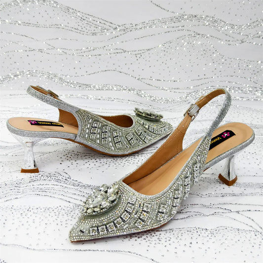 Popular Pointed Women Shoes Heels and Bags Rhinestone Chain Ladies Wedding Party Elegant and Luxurious Fashion