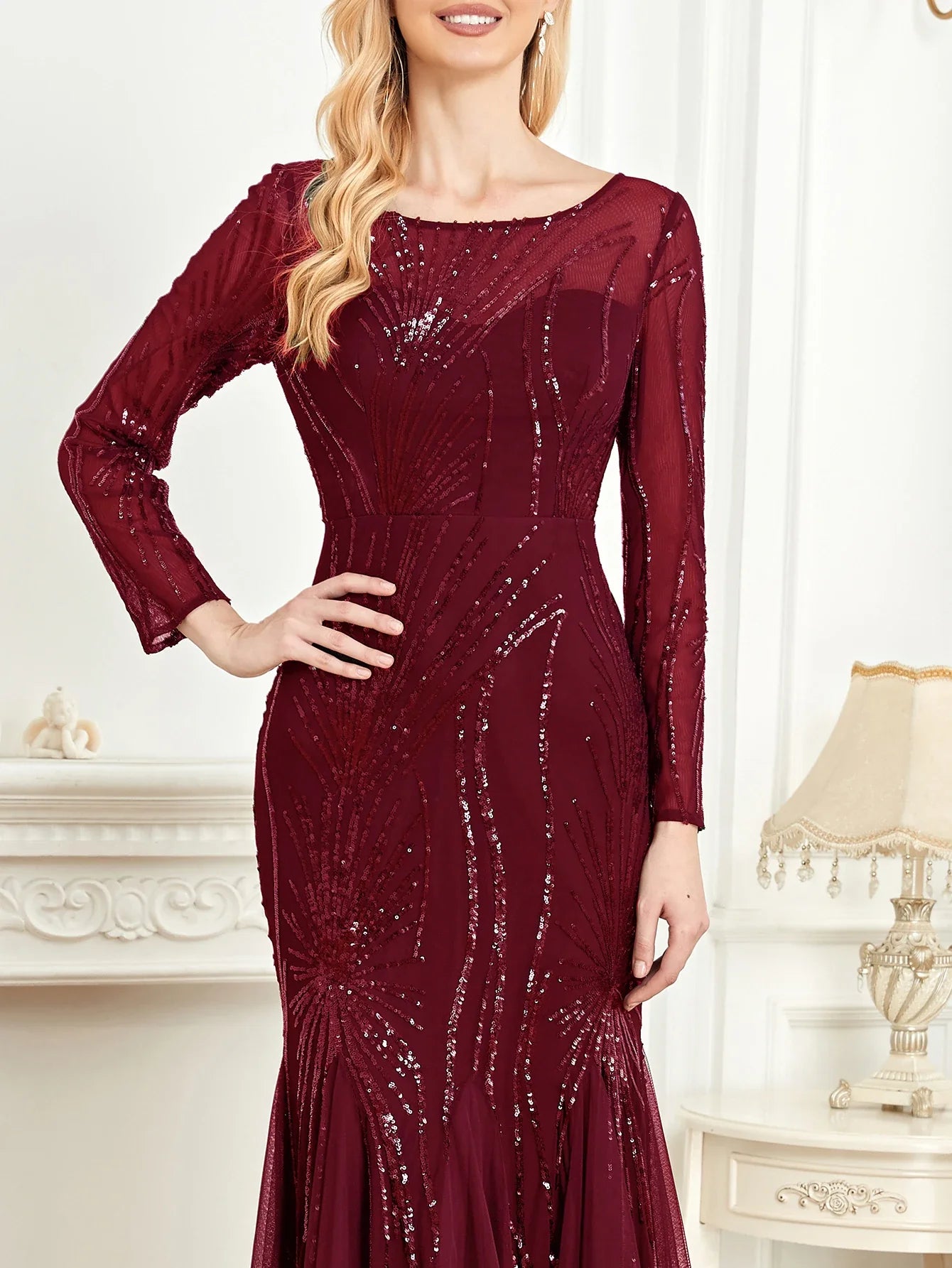 Elegant Long Sleeves Sequin Tulle Evening Dresses 2025 Women Luxury Mermaid Formal Bridesmaid Party Maxi Prom Dress