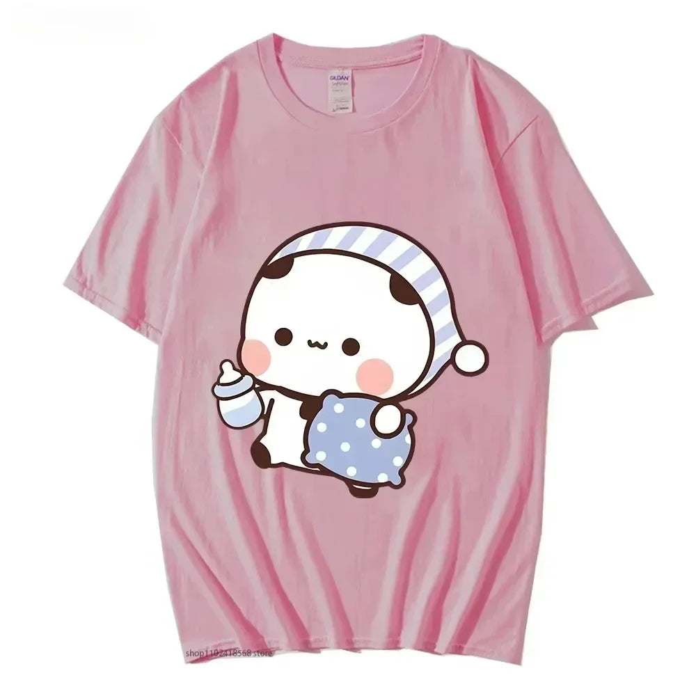 Couple Tshirt Cute BuBu Panda Going To Sleep with DuDu Bear Graphic Tshirt Women Clothes Sleeve Tops Women's Clothing