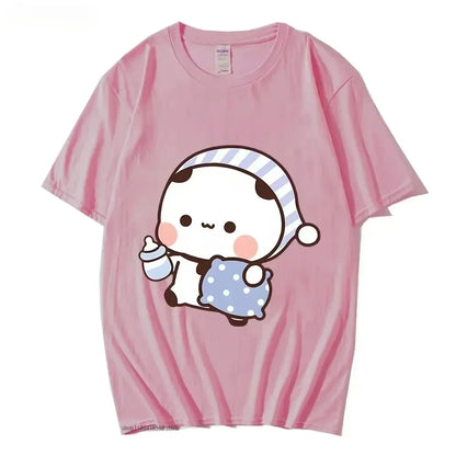Couple Tshirt Cute BuBu Panda Going To Sleep with DuDu Bear Graphic Tshirt Women Clothes Sleeve Tops Women's Clothing
