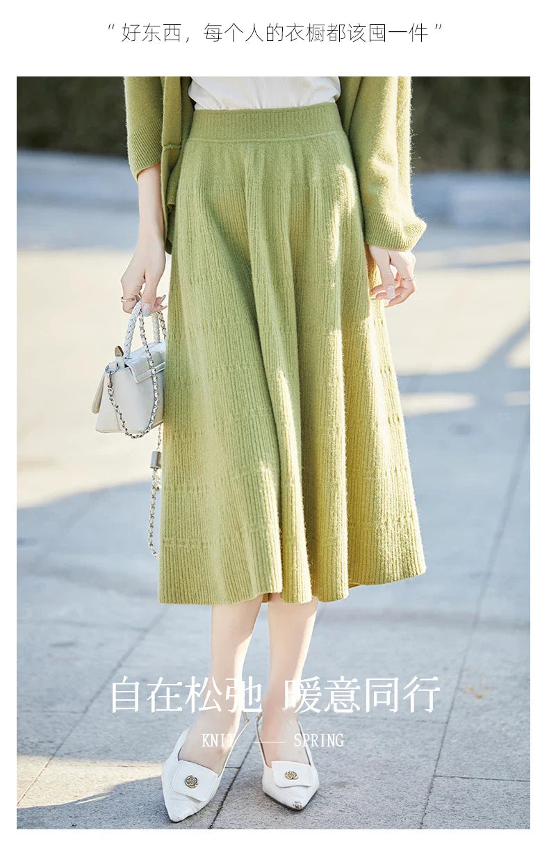 Autumn And Winter High Waist 100% Pure Wool Skirt Female Slim Long Knitted Wool Skirt Loose Wearing A-Line Skirt
