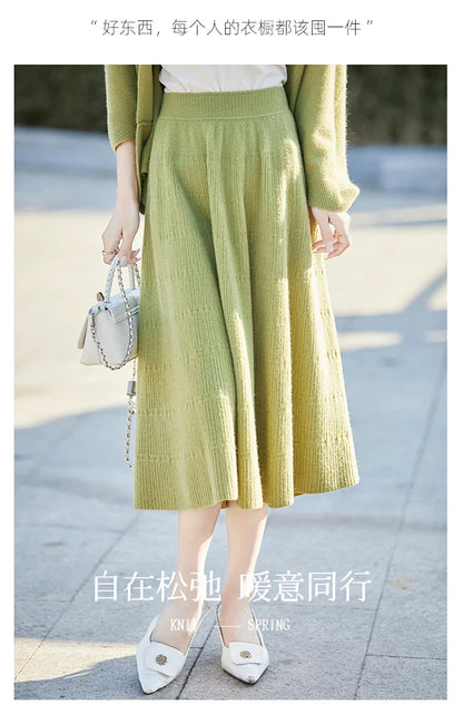 Autumn And Winter High Waist 100% Pure Wool Skirt Female Slim Long Knitted Wool Skirt Loose Wearing A-Line Skirt