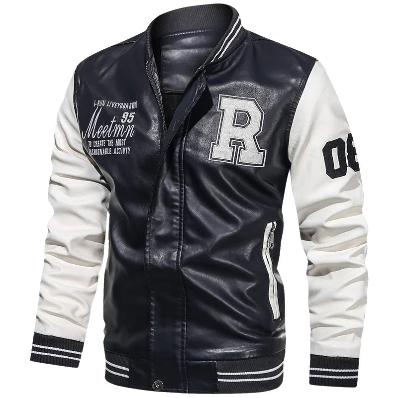 Spring and Autumn Men's Motorcycle Suit Leather jacket Color blocking American baseball collar pilot casual PU leather jacket
