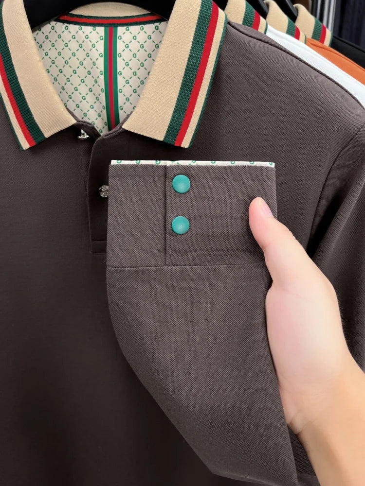 Luxury advanced  brand men long sleeve polo shirt unique stripe color blocked lapel fashion letter embroidery casual new T-shirt
