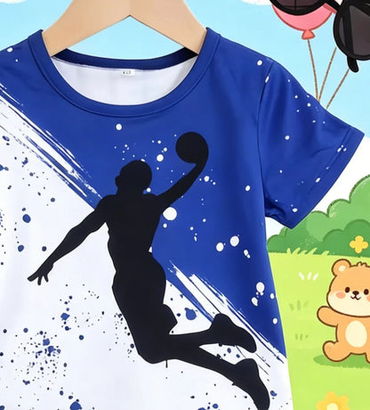 Boys Blue White Color Block Basketball Print Short Sleeve Side Stripe Shorts Set Sport Casual