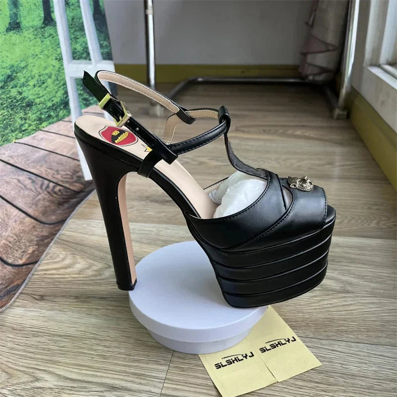 2026 Women's Round Head Sandals Thin Heels 5cm Thick Bottom Slope Heel Fish Mouth Rivet Sandal T-Platform Sandals Size34-43