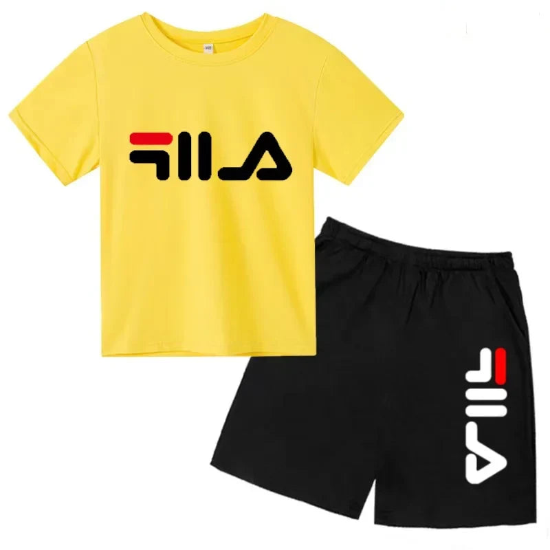 Kids Gift Sports Short-Sleeved Round Neck Black Letters Fashion White T-shirt+Shorts Summer Boy Girl Casual Outdoor Jogging Suit