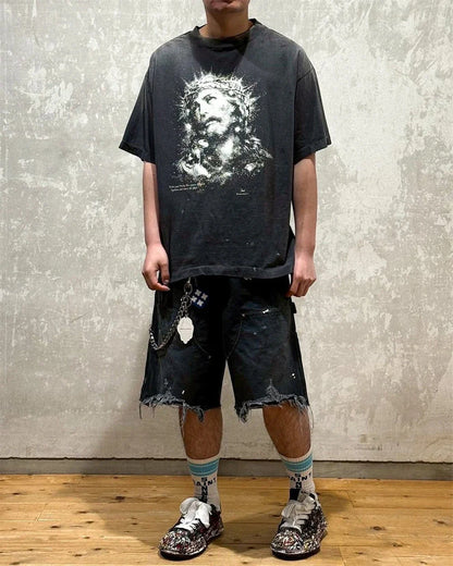 Black Nice Washed Damaged Saint DOUBLE KNEE Zipper Denim Shorts Men Women Oversized Shorts