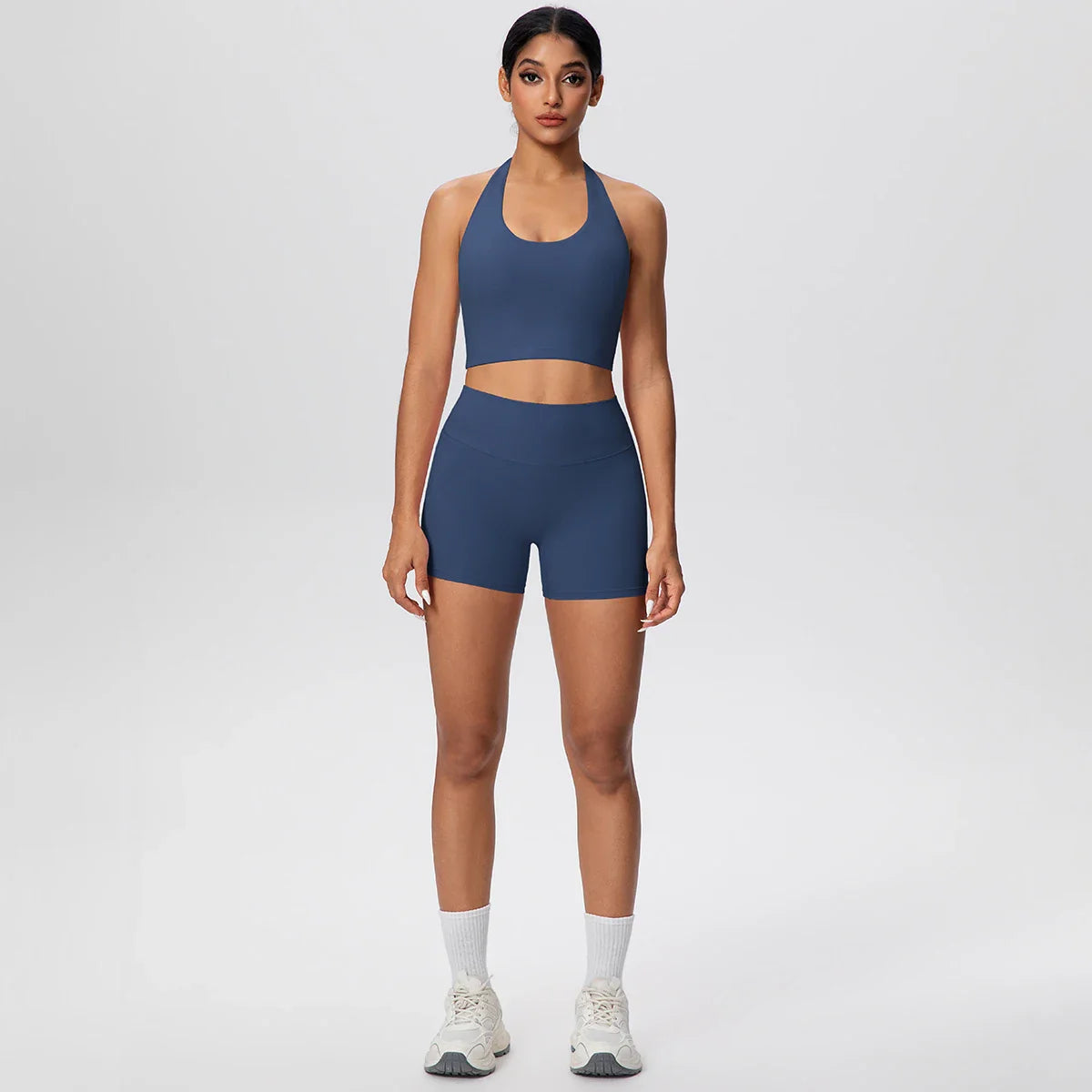 2picese Women Yoga Suit Solid Color High Waist Hip Push Up Fitness Shorts Sexy Pilates Backless Gym Hanging Neck Bra Yoga Set