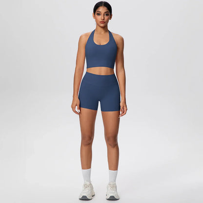 2picese Women Yoga Suit Solid Color High Waist Hip Push Up Fitness Shorts Sexy Pilates Backless Gym Hanging Neck Bra Yoga Set