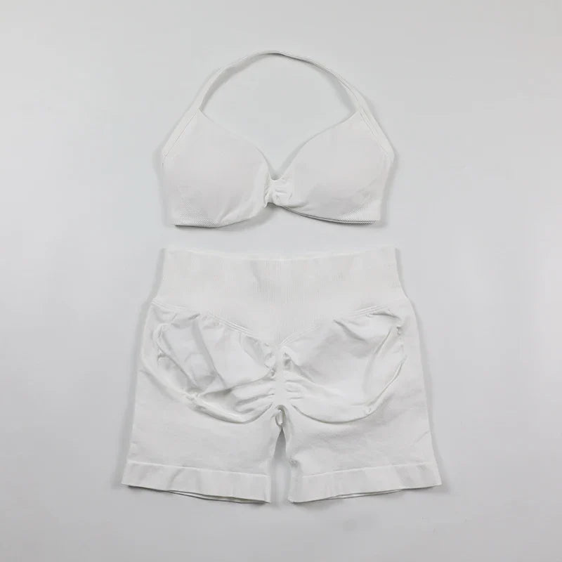 Scrunch Seamless Yoga Set Women Sportswear Ribbed Gym Shorts Strappy Sports Bra 2 Piece Set Halter Workout Clothes Fitness Suit
