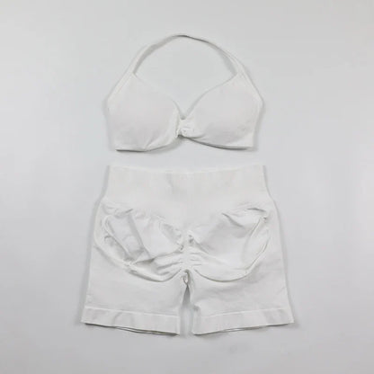 Scrunch Seamless Yoga Set Women Sportswear Ribbed Gym Shorts Strappy Sports Bra 2 Piece Set Halter Workout Clothes Fitness Suit