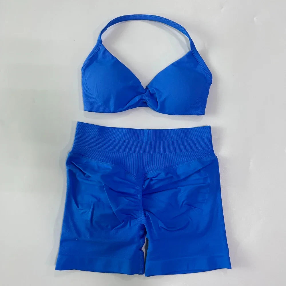 NO LOGO 2PCS Gym Set Women Strappy Yoga Bra Top High Waist Workout Scrunch Shorts Sports Suit Seamless Yoga Set Fitness Clothes