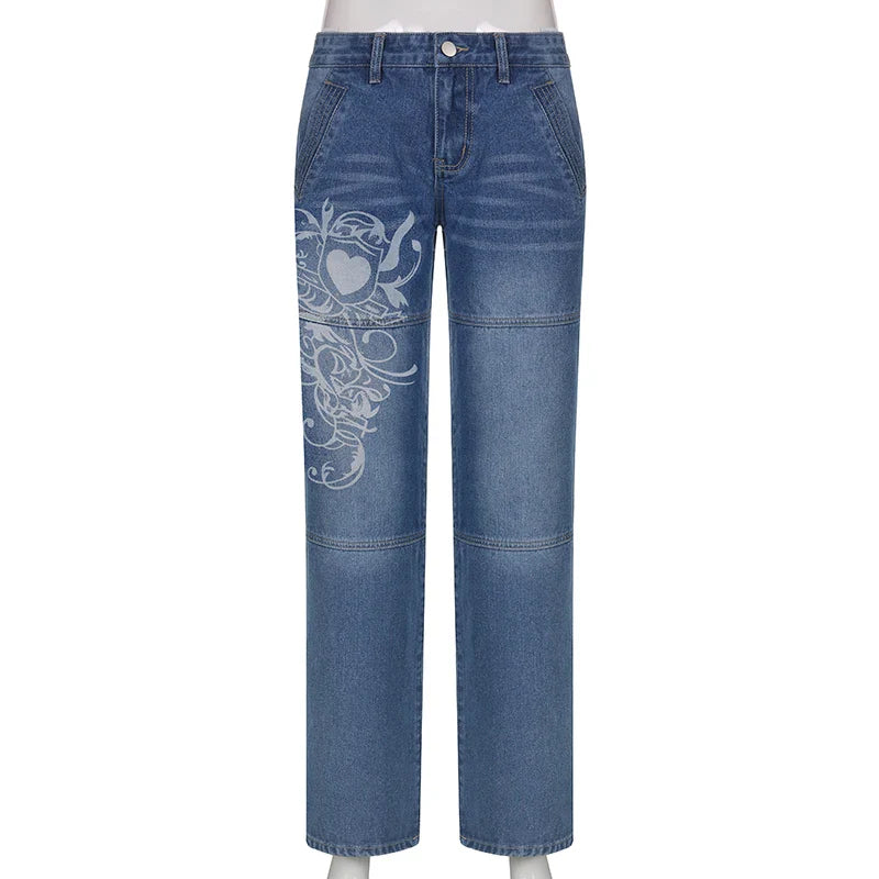 Women's Harajuku Print Jeans Floral Print Vintage Aesthetic Baggy Straight Pants
