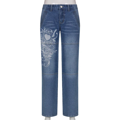 Women's Harajuku Print Jeans Floral Print Vintage Aesthetic Baggy Straight Pants