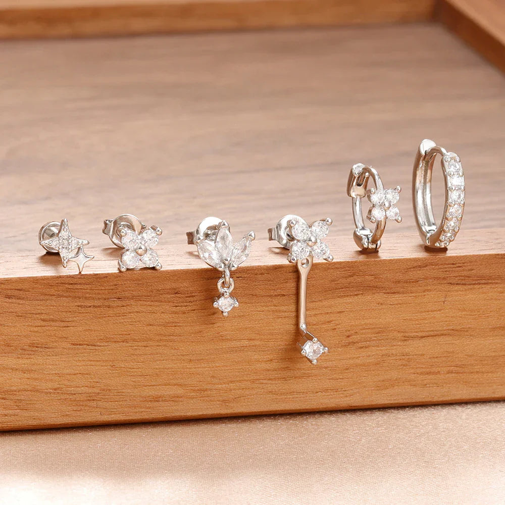6PCS Fashion Cute Zircon Flower Ear Stud For Women Fashion 18K Gold Plated Star Ear Stud Earring Piercing Girl Set Jewelry Gift