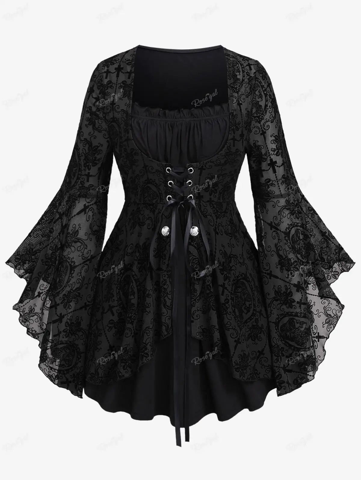 Plus Size Gothic Bell Sleeves Cross Floral Mesh Flocking Lace Up Ruched Ruffles 2 in 1 Long Bell Sleeve Top