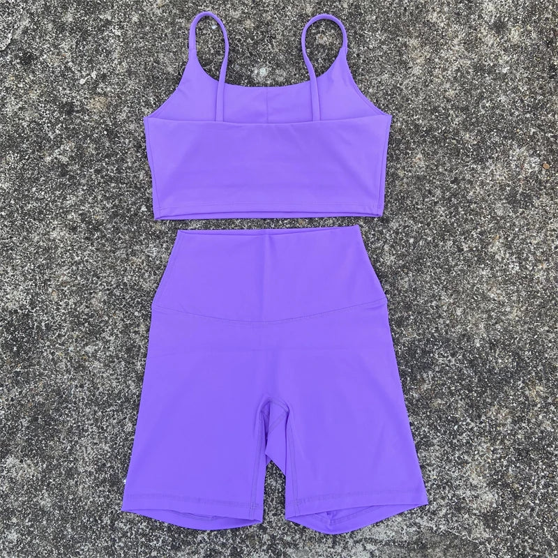 Yoga Clothes Set 2 Piece Gym Sports Shorts Set Women Sexy Back Bra Top High Waist Shorts Fitness Suit Running Workout Tracksuit