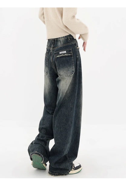 Harajuku Streetwear Retro Fashion Autumn Women High Waist Jeans Loose Wide Leg Straight Loose Denim Trousers Y2K Baggy Pants