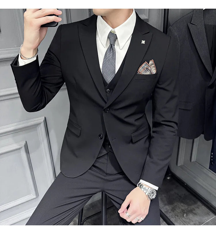 Slim Fit Men's Three Piece Suit Thin Single Button Notch Lapel Casual Fashion Cotton Blend Spring Autumn Wear for Youth