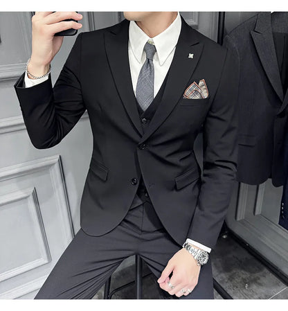 Slim Fit Men's Three Piece Suit Thin Single Button Notch Lapel Casual Fashion Cotton Blend Spring Autumn Wear for Youth