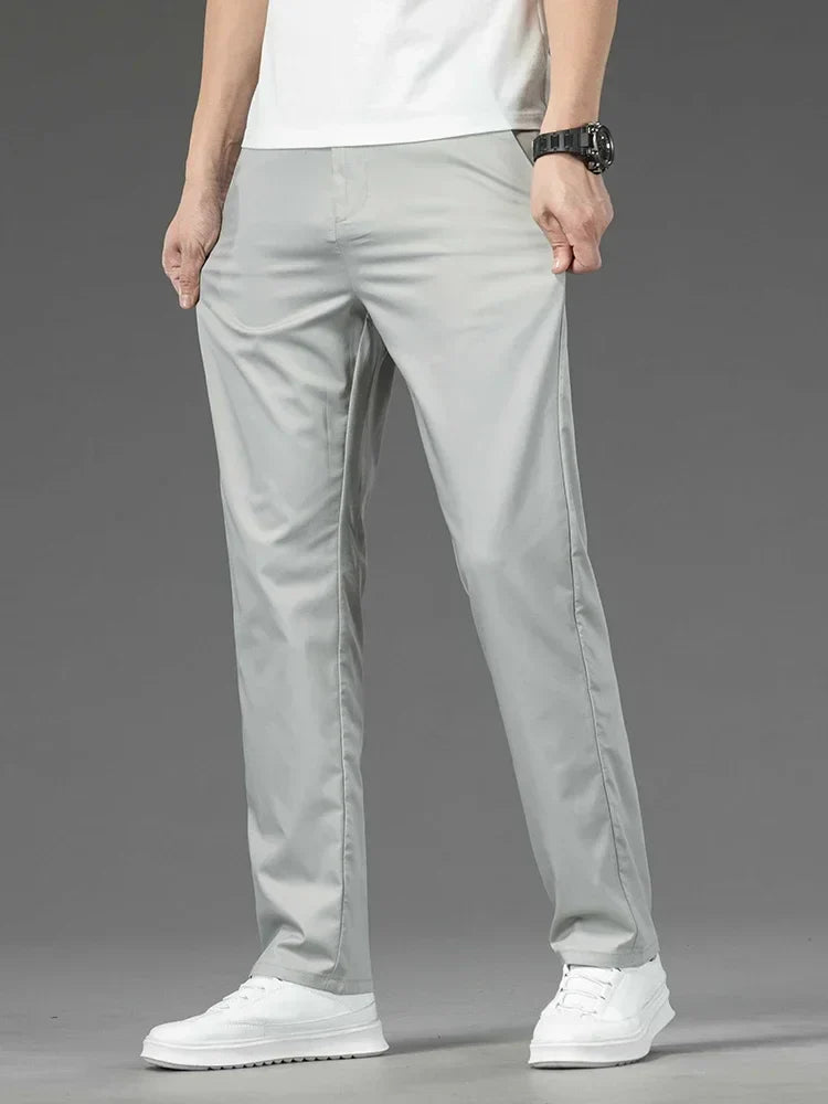 Thin Men Bamboo Summer Pants Casual High Quality Business Classic Fashion Stretch Slim Formal Straight Trousers Black Gray Khaki