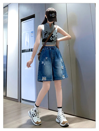 Plus Size Denim Shorts For Women 2024 Summer Wide Leg Loose Blue Jeans Shorts High Elastic Waist Half Length Casual Denim Shorts