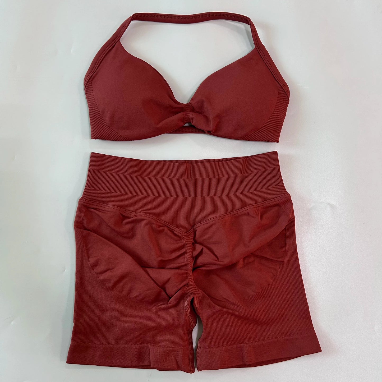NO LOGO 2PCS Gym Set Women Strappy Yoga Bra Top High Waist Workout Scrunch Shorts Sports Suit Seamless Yoga Set Fitness Clothes