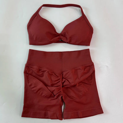 NO LOGO 2PCS Gym Set Women Strappy Yoga Bra Top High Waist Workout Scrunch Shorts Sports Suit Seamless Yoga Set Fitness Clothes