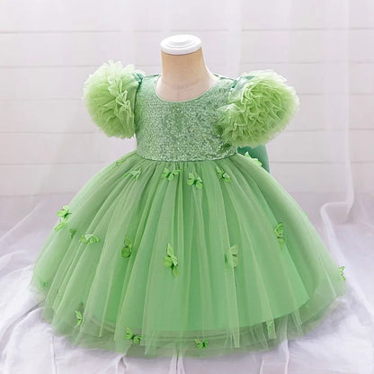 Baby Girl Clothing Summer Bow And Butterfly Pattern Halter Solid Color Mesh Baby Kids Dresses Cute Casual Baby Girl Dress ASQ03