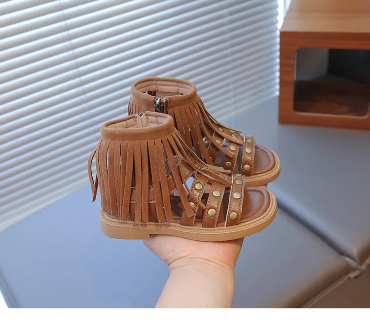 England Style Fashion Tassel Sandals Summer New Side Zipper Rivet High-top Sandals Student Beige Brown Roman Shoes Fringe I05235