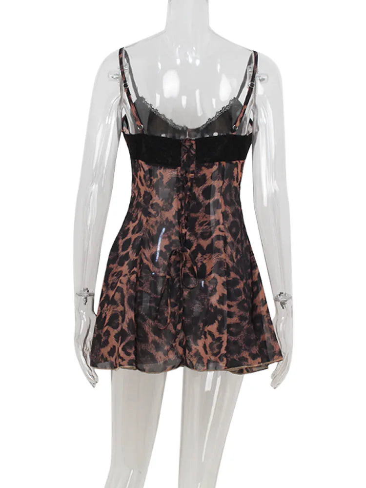 Party Leopard Backless Women Dresses V Neck Sleeveless Sheath Bodycon Lace-up Sexy Club Fashion Female Vestidos Robes