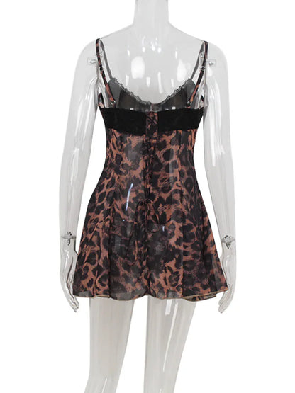 Party Leopard Backless Women Dresses V Neck Sleeveless Sheath Bodycon Lace-up Sexy Club Fashion Female Vestidos Robes