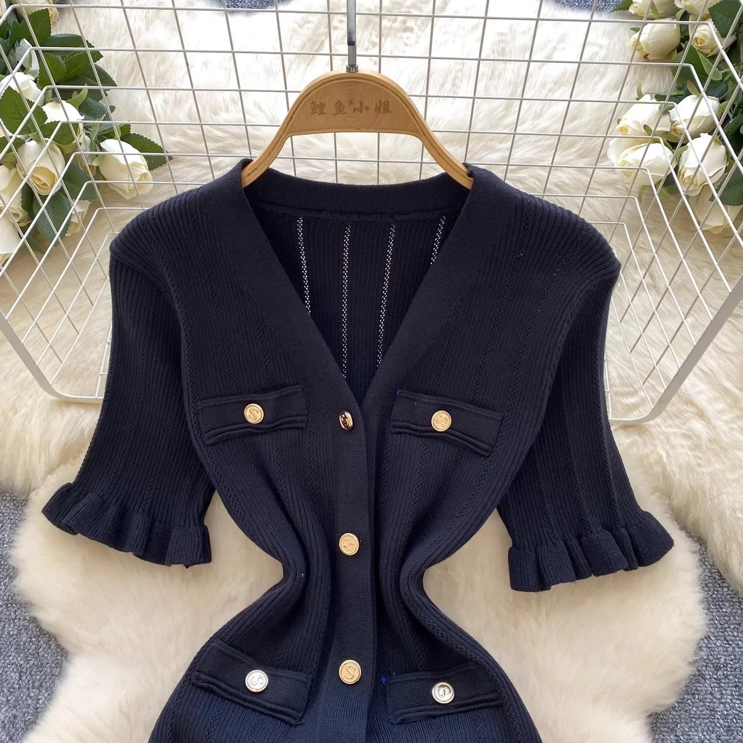 Fashion Vintage Knitted Long Dress Spring Summer Women Elegant V-neck Ruffled Bodycon Sweater Dress Party Vestido